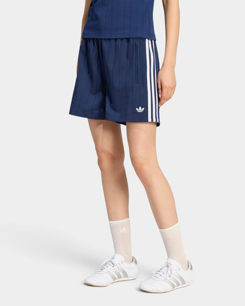 Lockwood Avenue adidas pinstripe Firebird shorts in night indigo tricot with white three-stripe side detailing.