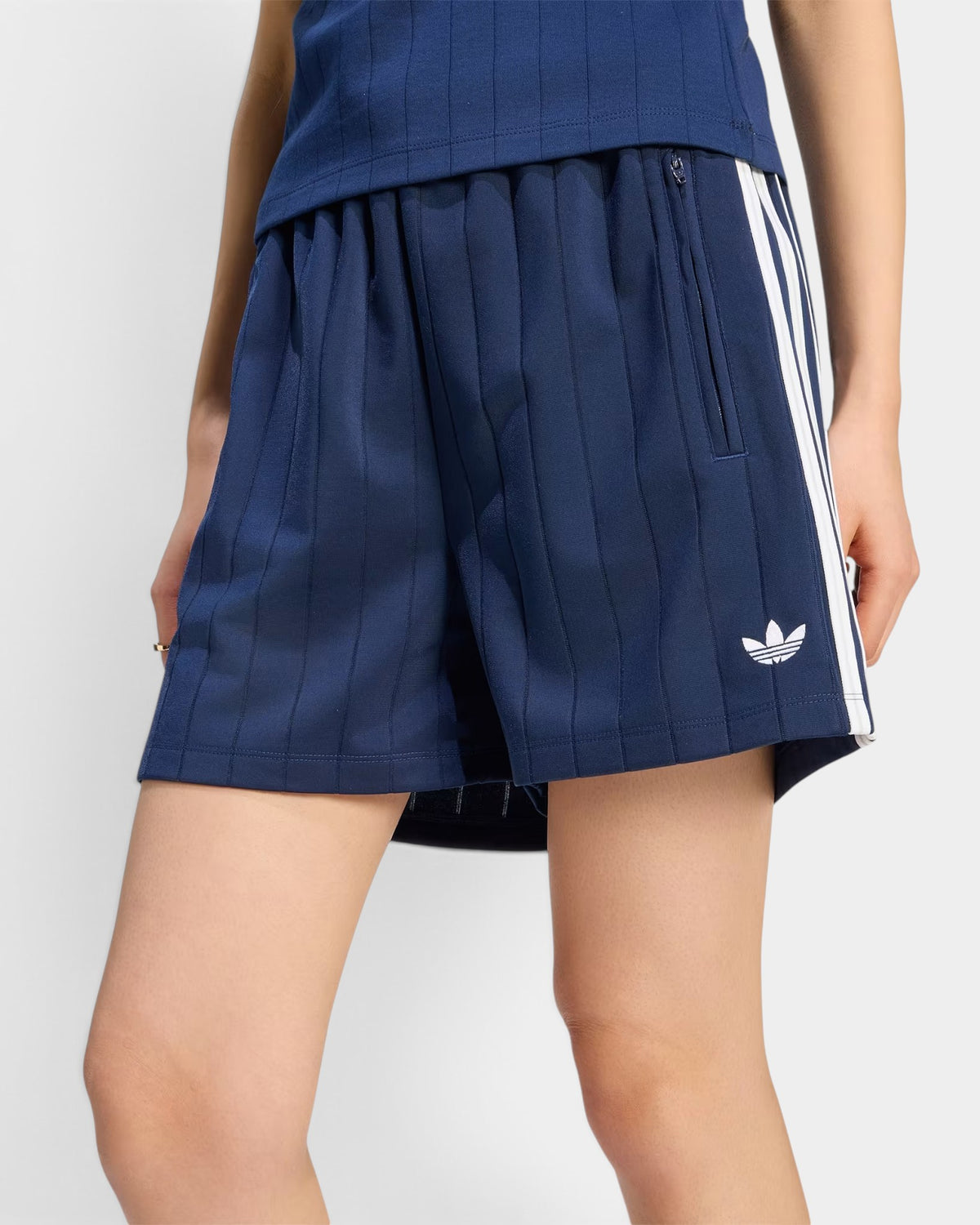 Lockwood Avenue adidas pinstripe Firebird shorts in night indigo tricot with white side stripes and trefoil logo