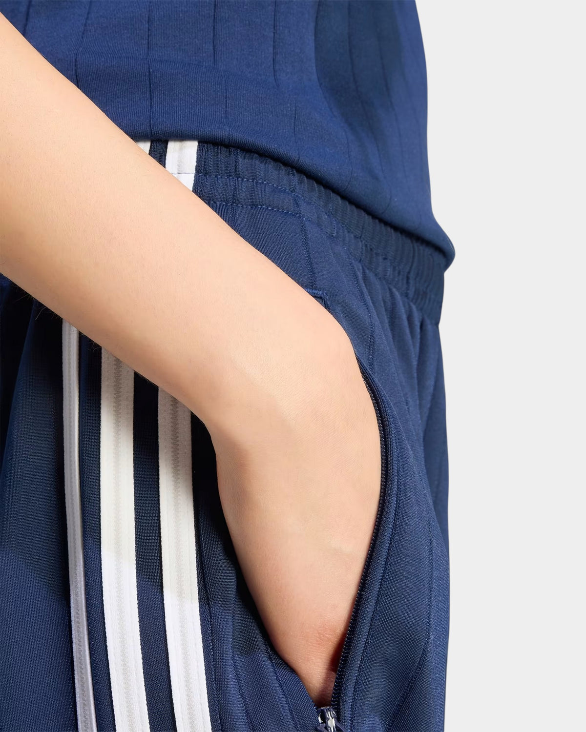 Lockwood Avenue adidas pinstripe Firebird shorts in night indigo tricot with signature white side stripes and pockets