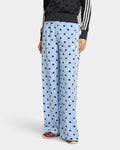 Lockwood Avenue adidas satin wide leg pants in light blue with dark polka dots, drawstring waist, and side stripes.