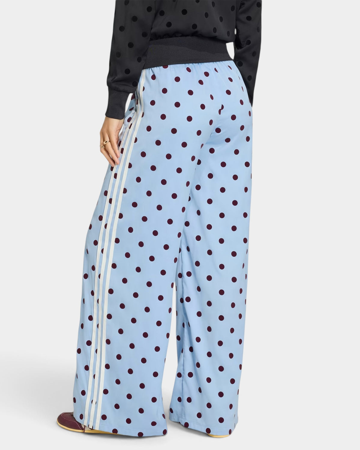 Lockwood Avenue adidas satin wide leg pants in light blue with dark polka dots and signature side stripes