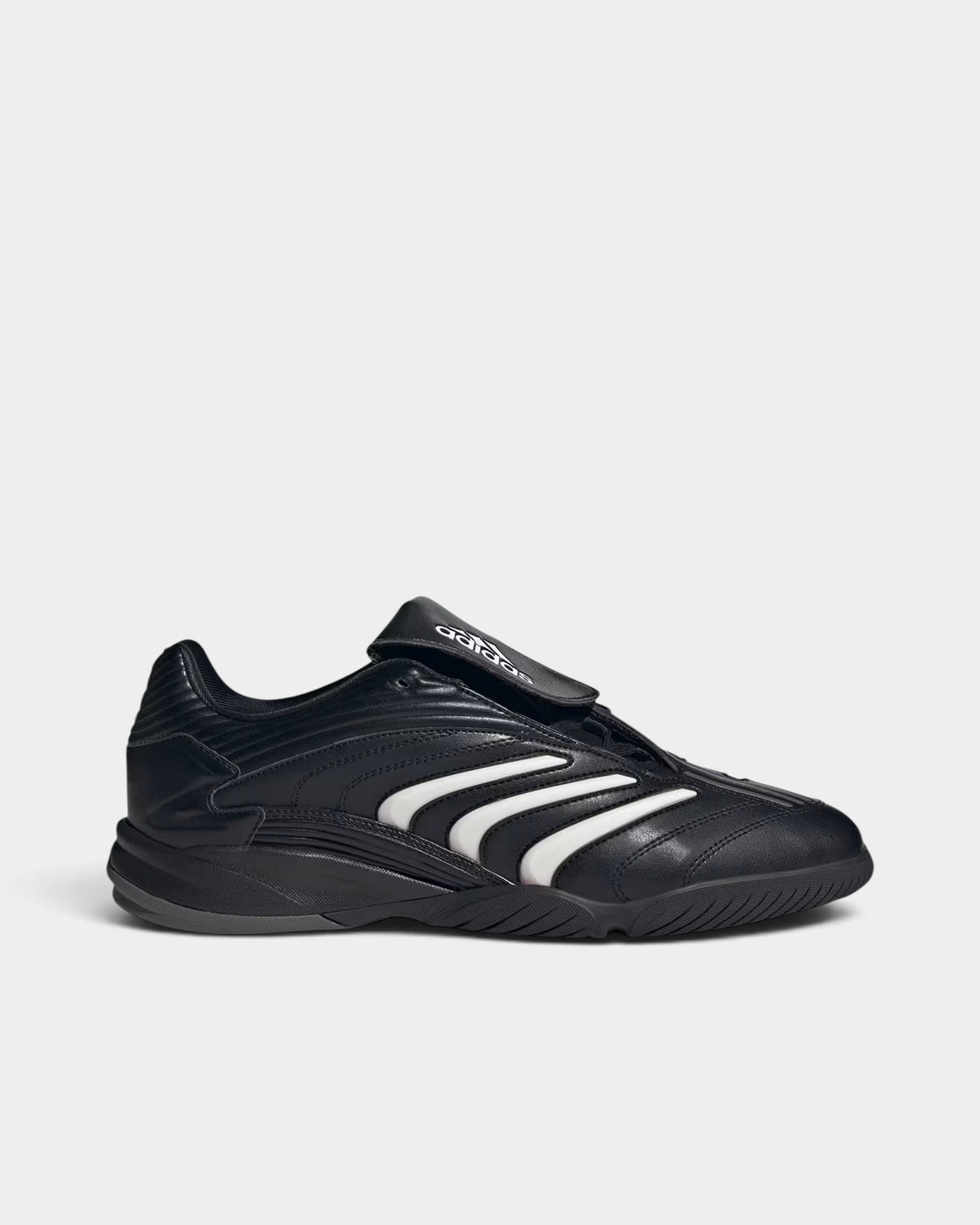 Lockwood Avenue adidas Predator Sala indoor futsal shoes in core black with white stripes and fold-over tongue