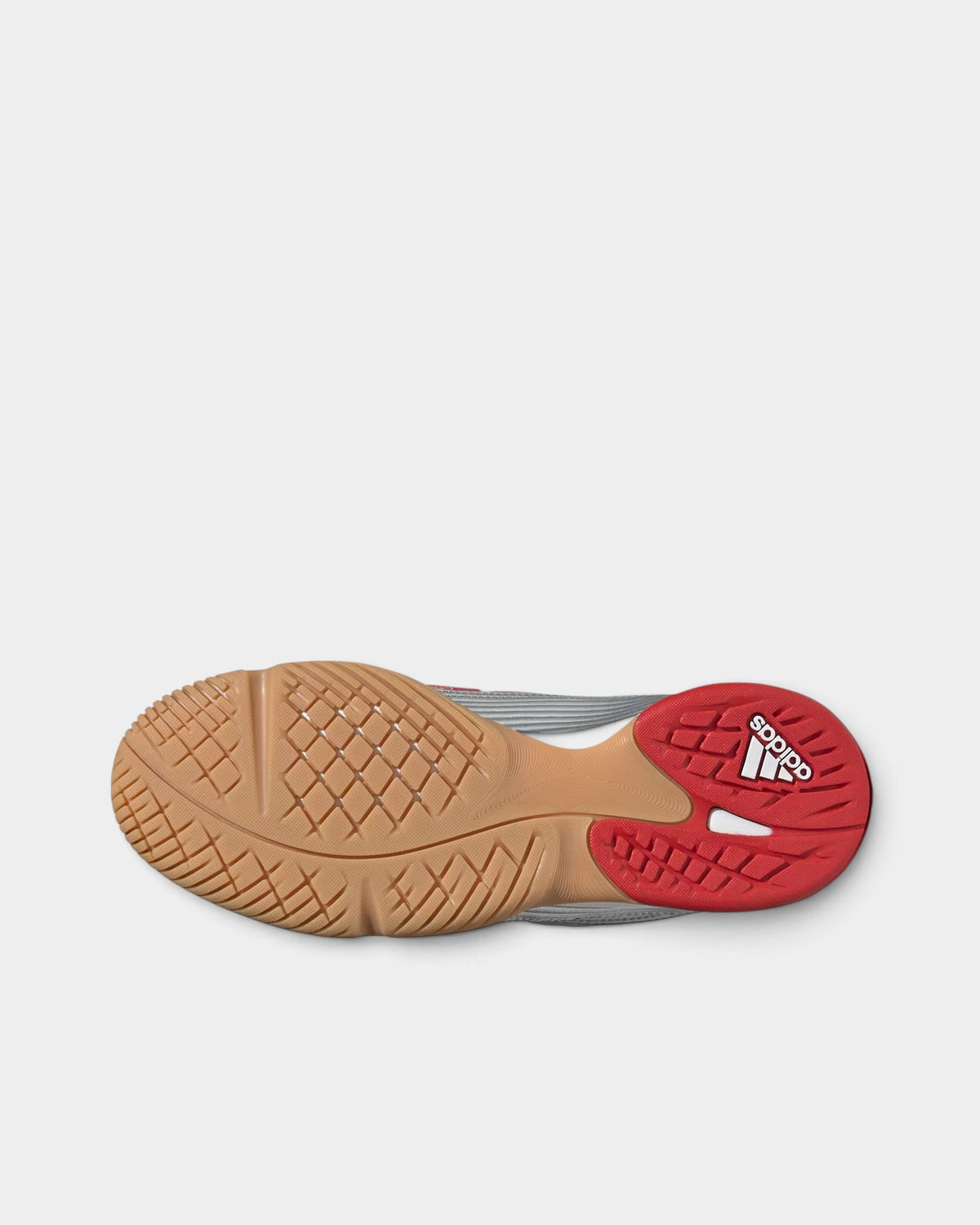 Lockwood Avenue adidas Predator Sala indoor futsal shoe showing the flat rubber outsole with red and gum grip zones