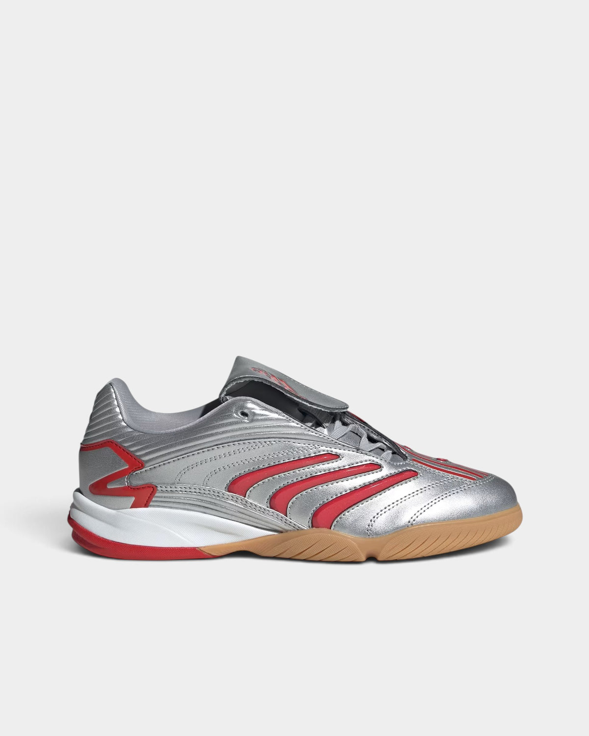 Lockwood Avenue adidas Predator Sala indoor futsal shoes in metallic silver and red with a gum rubber outsole.