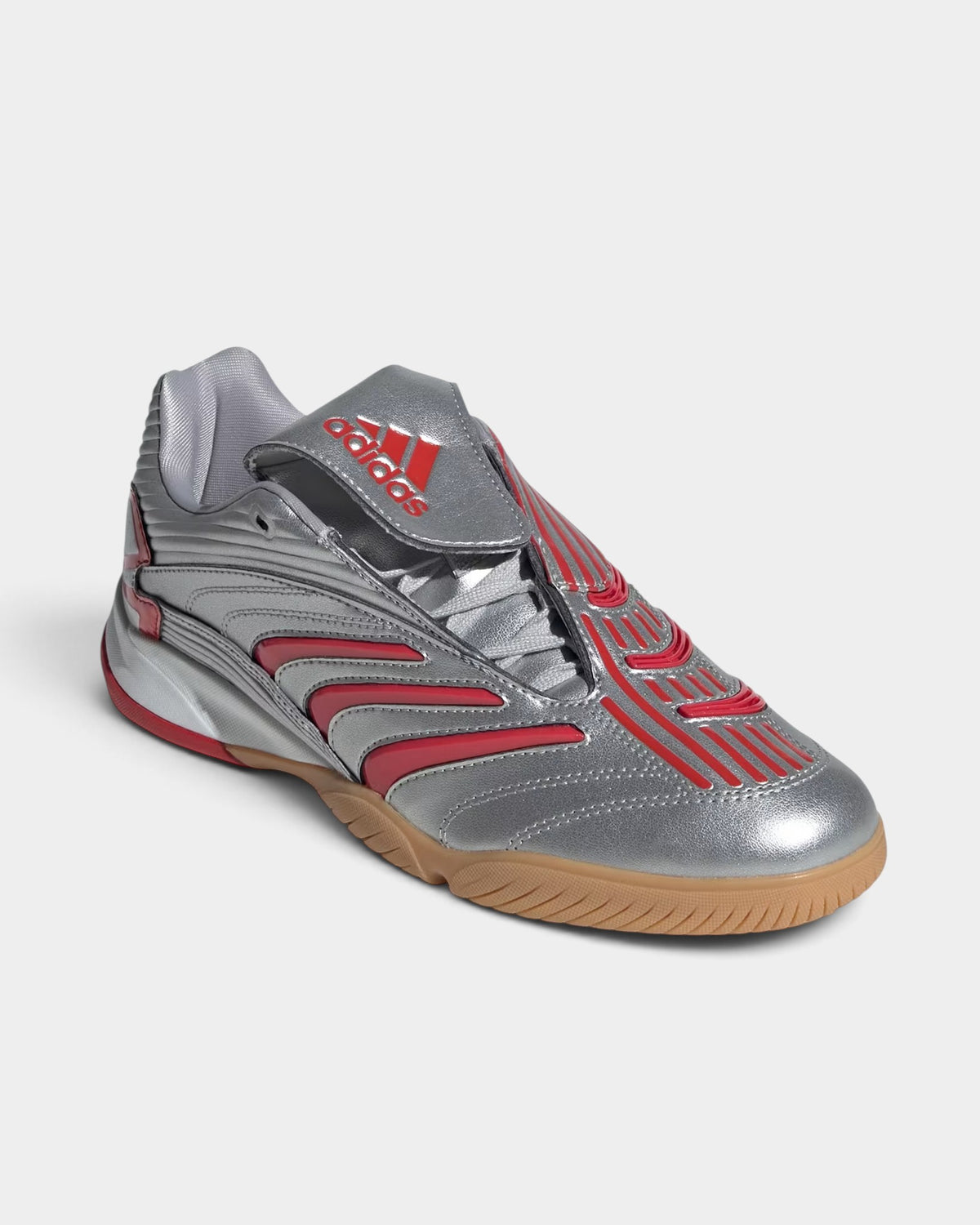 Lockwood Avenue adidas Predator Sala indoor futsal shoes in metallic silver with red detailing and gum rubber sole.