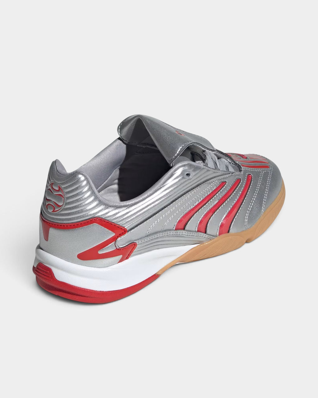 Lockwood Avenue adidas Predator Sala indoor futsal shoes in silver metallic with red accents and a gum rubber sole.