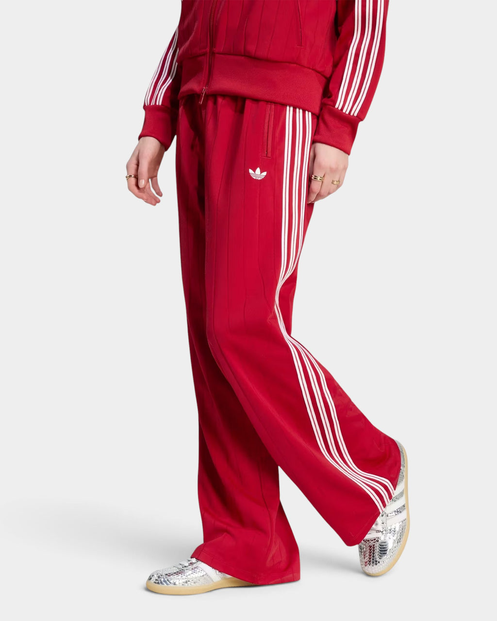 Lockwood Avenue adidas Firebird loose red tricot track pants with white 3-Stripes and Trefoil logo