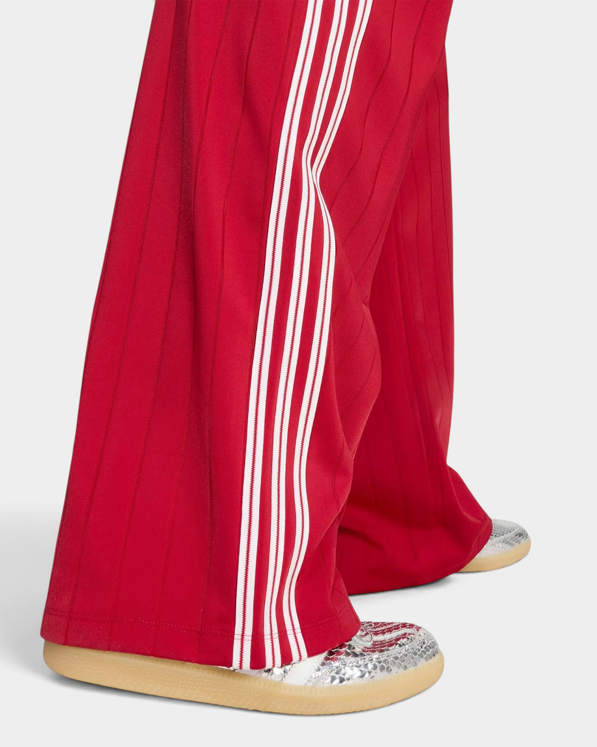Lockwood Avenue adidas Firebird loose red track pants with white 3-Stripes detail and ankle zips