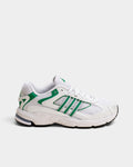 Lockwood Avenue adidas Response CL sneakers in white with green stripes and black accents, side profile view.