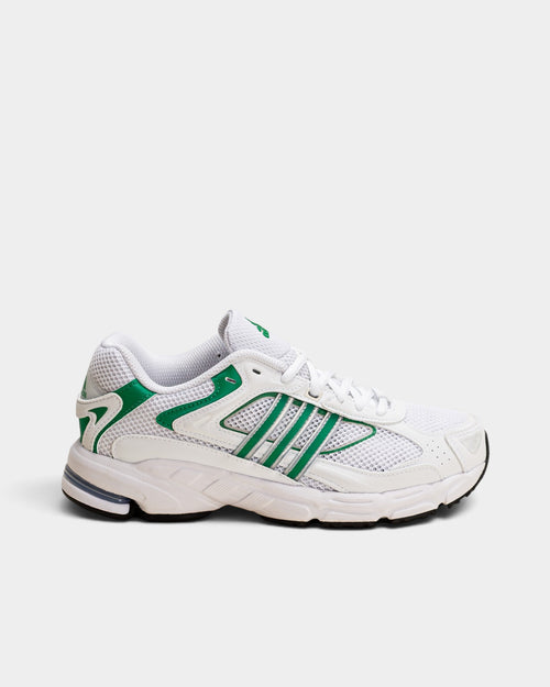 Lockwood Avenue adidas Response CL sneakers in white with green stripes and black accents, side profile view.