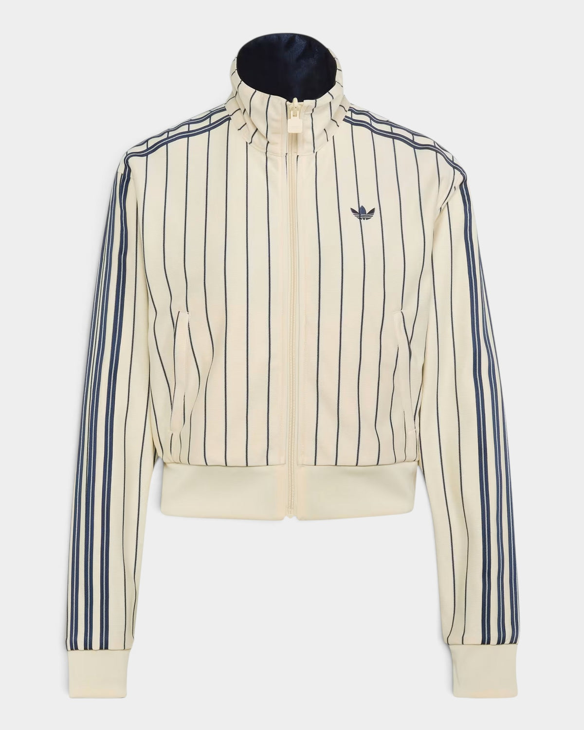 Lockwood Avenue adidas Reversible Firebird Track Top in cream with navy pinstripes, full zip, and high collar.