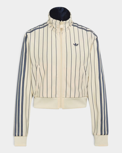 Lockwood Avenue adidas Reversible Firebird Track Top in cream with navy pinstripes, full zip, and high collar.
