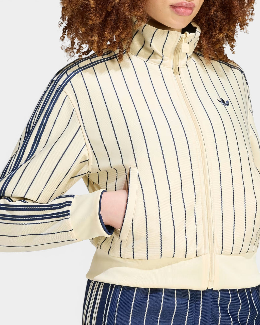 Lockwood Avenue adidas Reversible Firebird Track Top in cream with navy pinstripes, full zip, and collar.