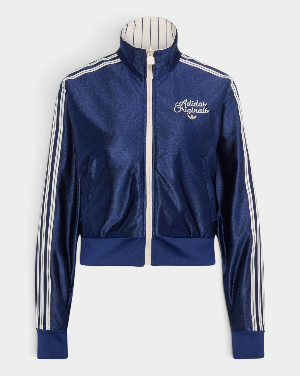 Lockwood Avenue adidas Reversible Firebird Track Top in navy blue with white stripes, full zip, and high collar.