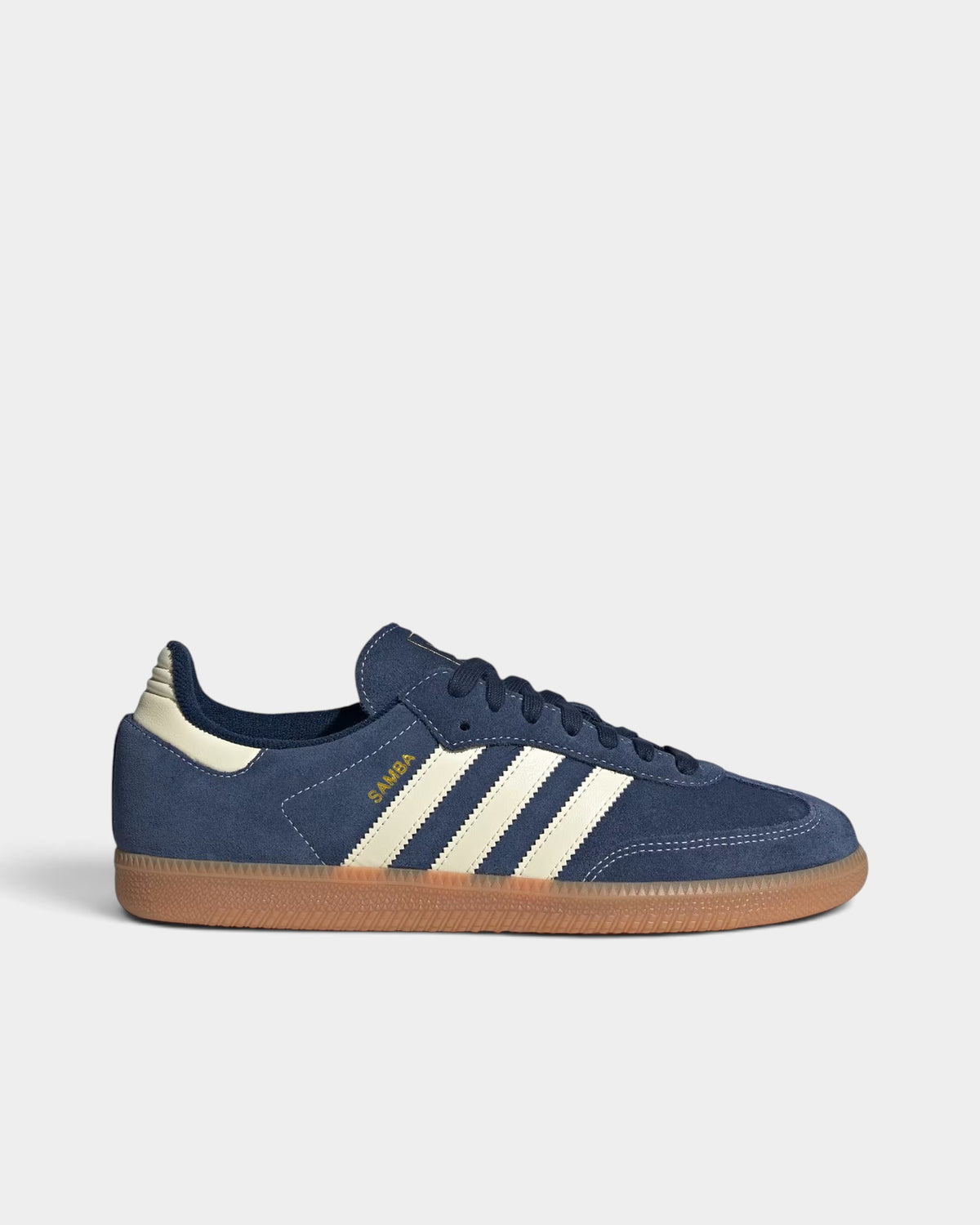 Lockwood Avenue adidas Samba OG sneakers in Night Indigo suede with Warm Vanilla stripes and a gum rubber outsole.