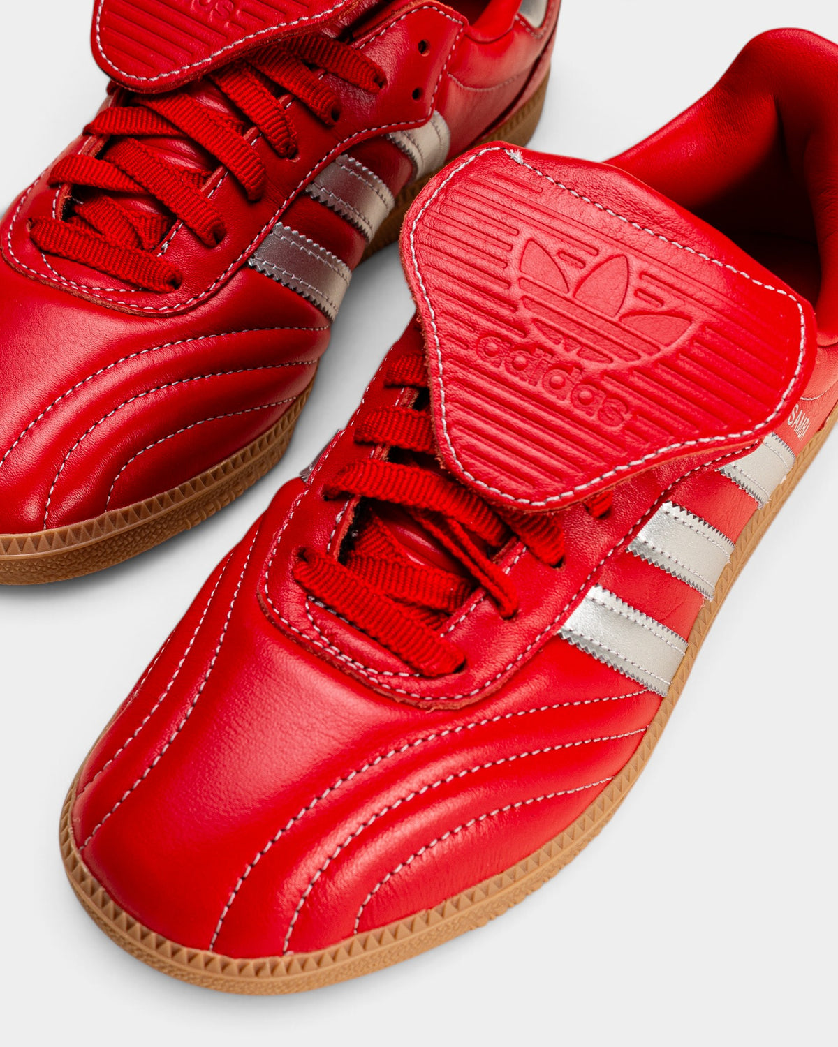Lockwood Avenue adidas Samba LT W sneakers in Better Scarlet leather with silver metallic stripes and gum sole.