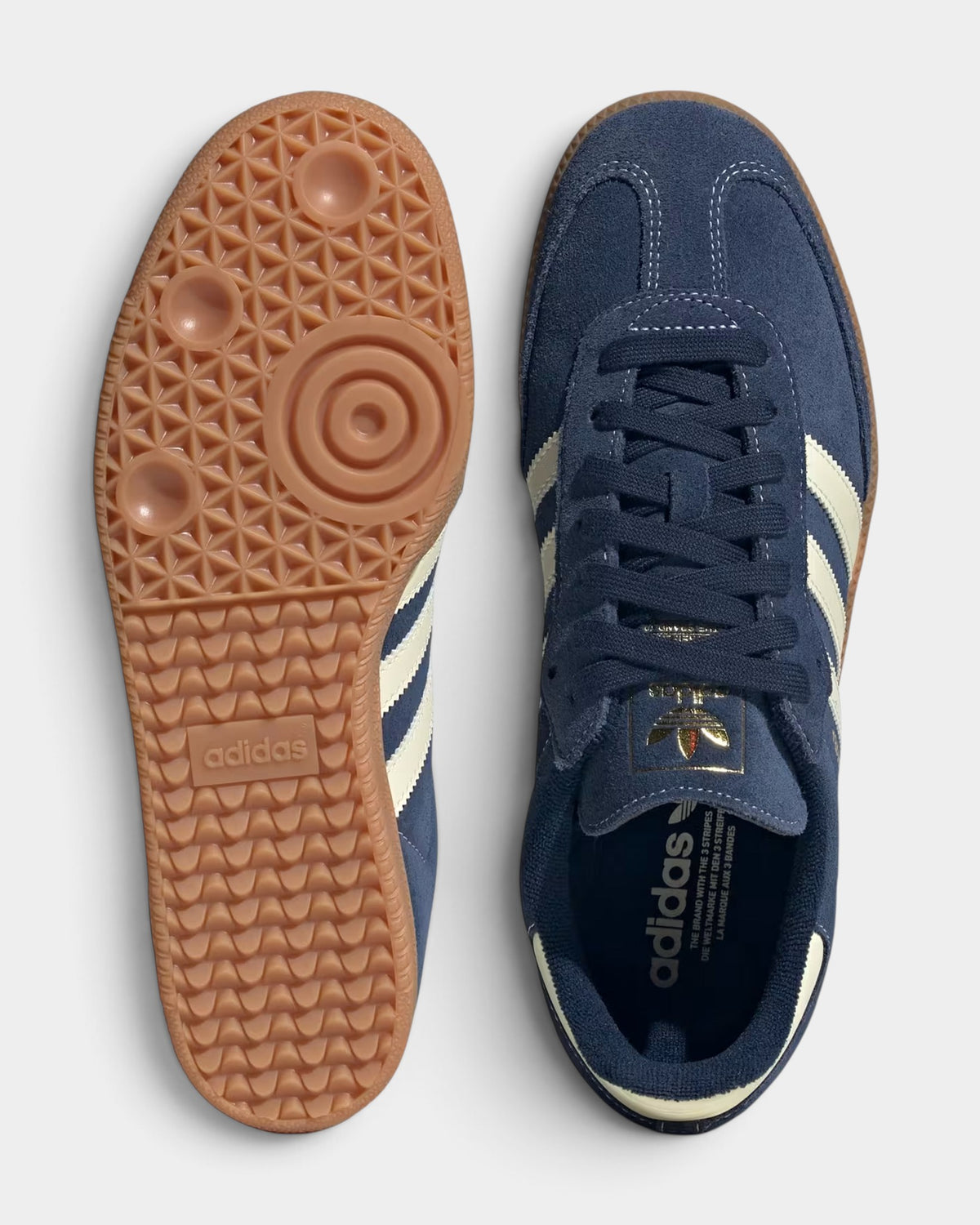 Lockwood Avenue adidas Samba OG sneakers in Night Indigo suede with Warm Vanilla stripes and a gum rubber outsole.