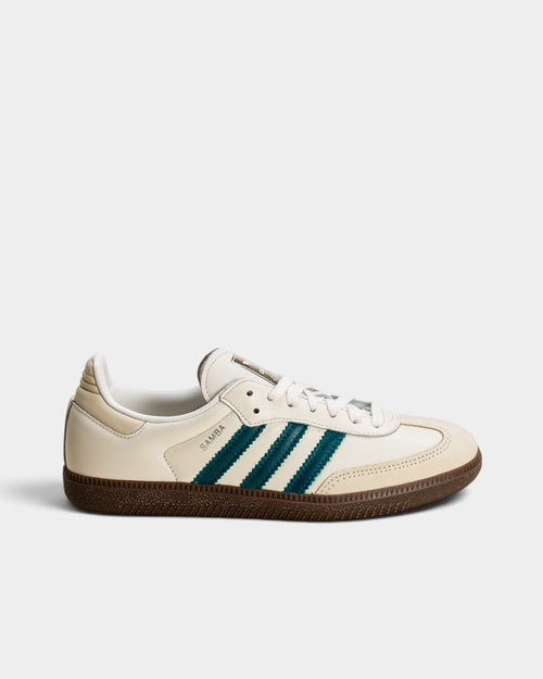 Lockwood Avenue adidas Samba OG shoes in cloud white leather with legacy teal stripes and gum rubber outsole.