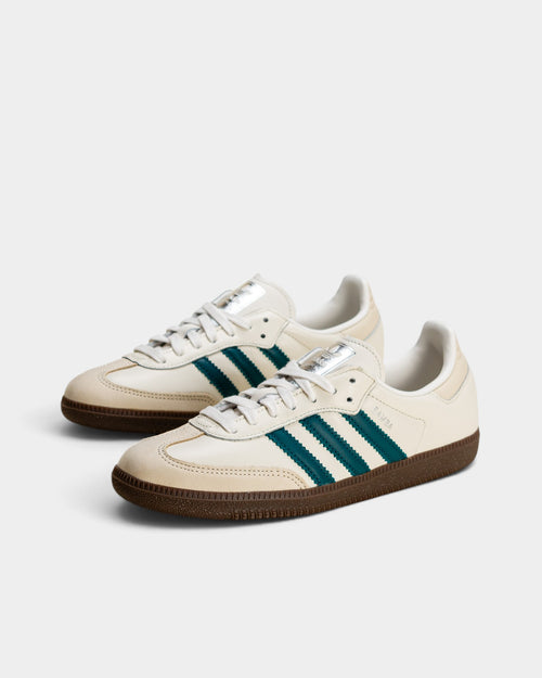 Lockwood Avenue adidas Samba OG sneakers in cloud white leather with legacy teal stripes and gum rubber outsoles.