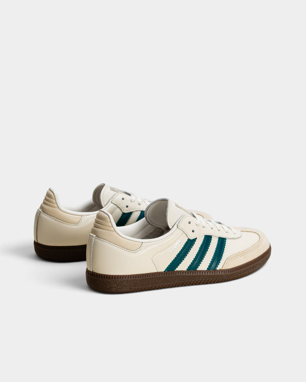 Lockwood Avenue adidas Samba OG sneakers in cloud white leather with legacy teal stripes and gum rubber outsoles.