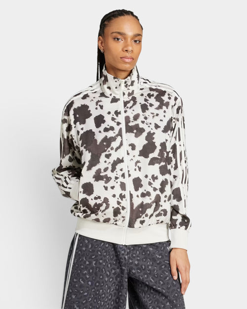 Lockwood Avenue adidas satin track top in black and white animal print with stand-up collar and 3-Stripes sleeves