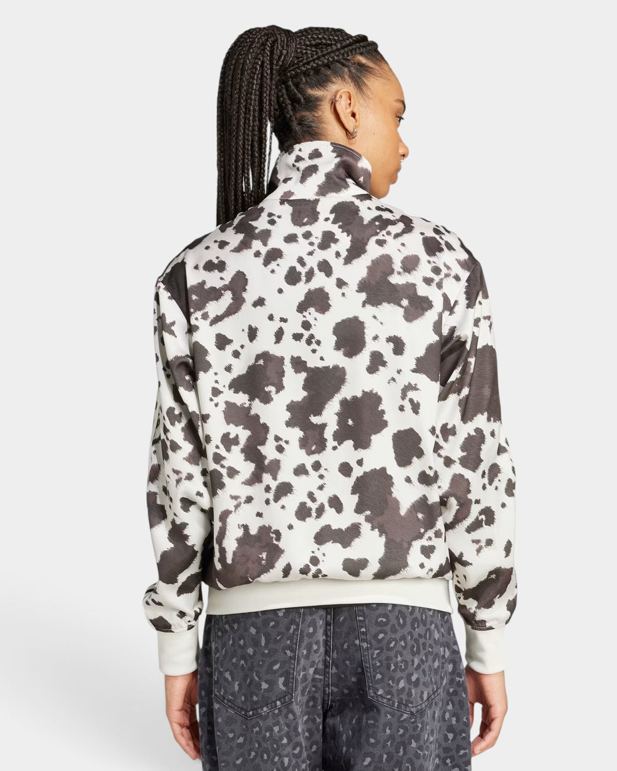 Lockwood Avenue adidas satin track top with animal print, stand-up collar, and ribbed hem worn by a model from behind