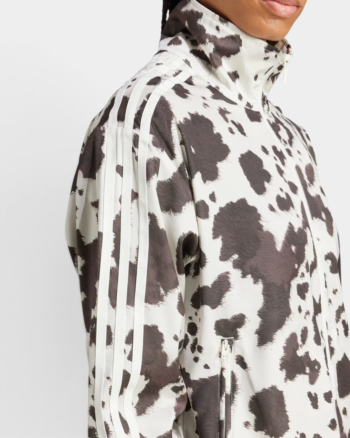 Lockwood Avenue adidas satin track top featuring a black and white animal print, stand-up collar, and 3-Stripes detail