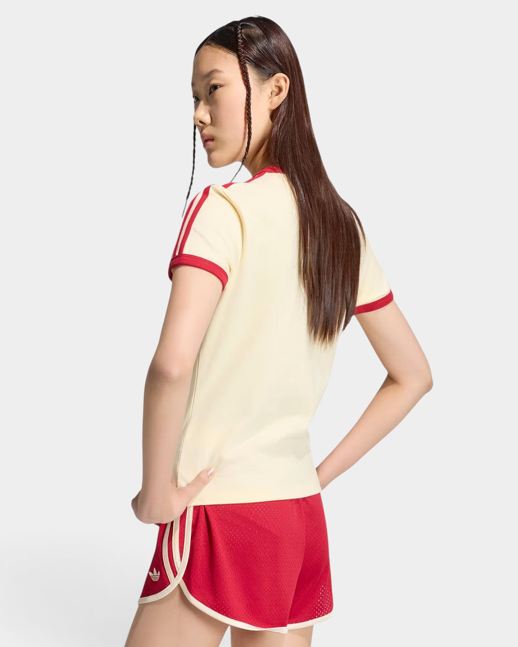 Lockwood Avenue adidas 3-Stripes slim fit cream and red jersey t-shirt worn by a model from the back