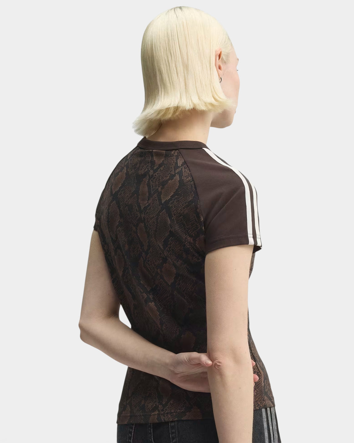 Lockwood Avenue adidas slim fit t-shirt in brown snake print with white shoulder stripes and a round neck