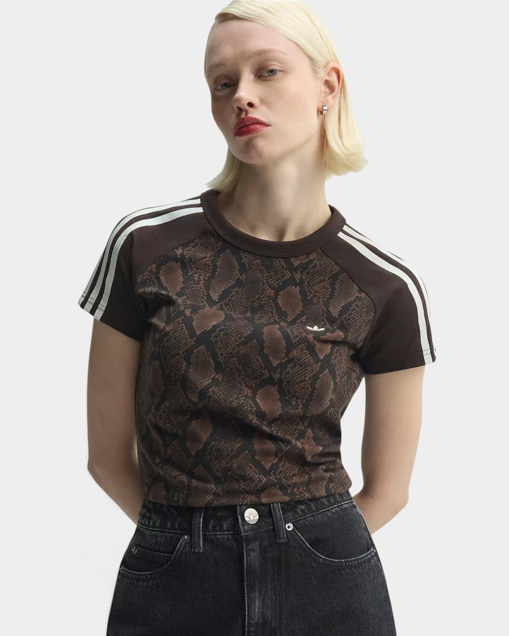 Lockwood Avenue adidas slim fit brown snake print t-shirt with white three-stripe sleeves on a blonde model