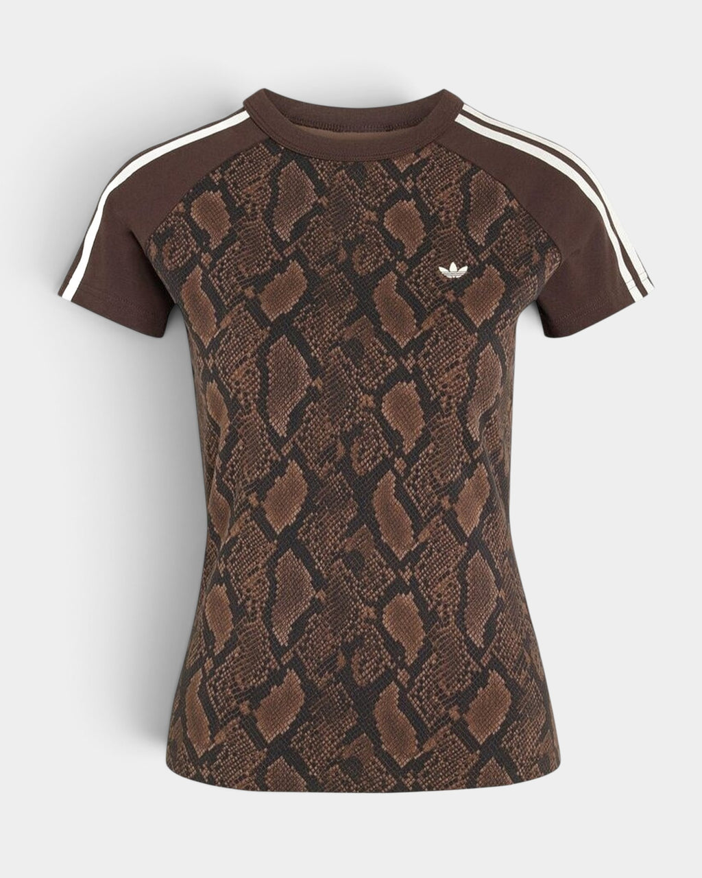 Lockwood Avenue adidas slim fit brown snake print t-shirt with white three-stripe sleeve detailing and round neck.