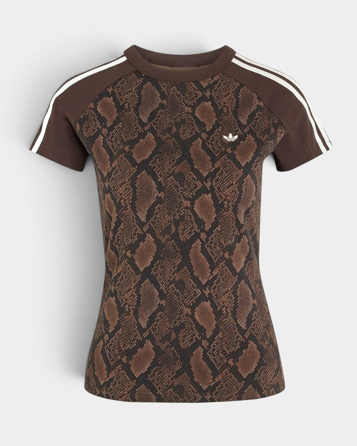 Lockwood Avenue adidas slim fit brown snake print t-shirt with white three-stripe sleeve detailing and round neck.