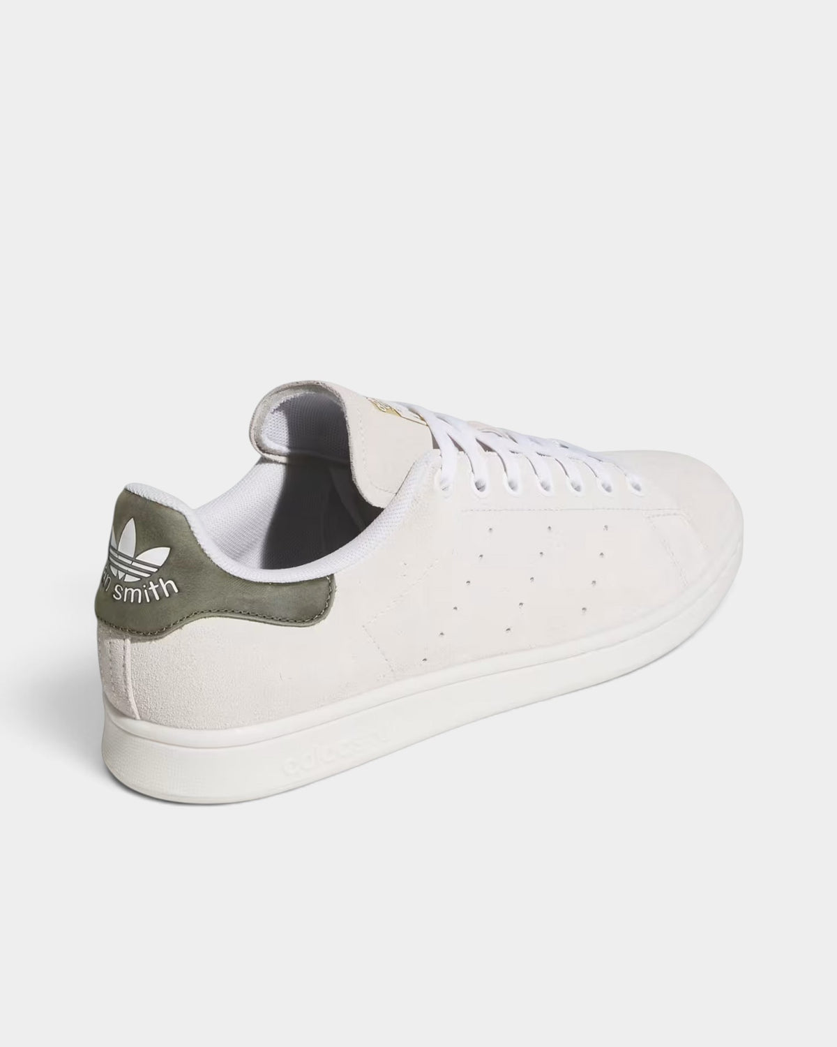 Lockwood Avenue adidas Stan Smith skate shoes in crystal white leather with olive strata heel and gold details