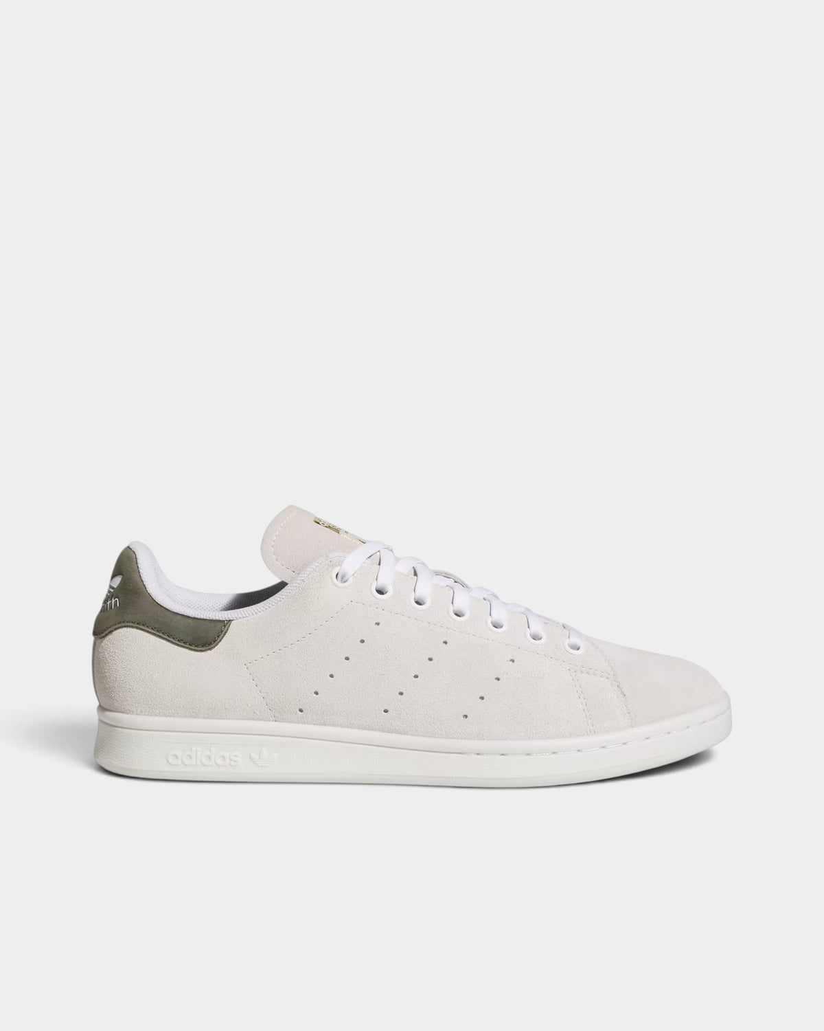 Lockwood Avenue adidas Stan Smith skate shoes in crystal white suede with olive strata heel and gold metallic details.