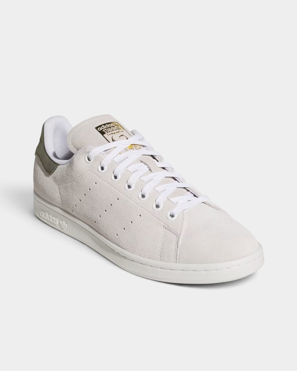 Lockwood Avenue adidas Stan Smith skate shoes in crystal white suede with olive strata heel and gold tongue branding.