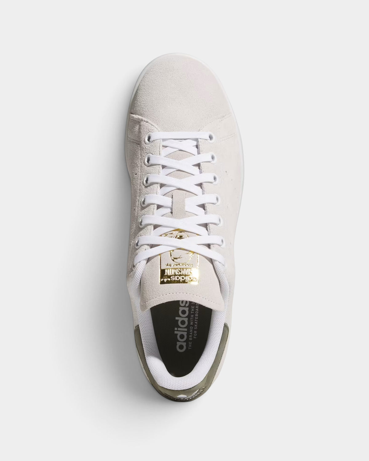 Lockwood Avenue adidas Stan Smith skate shoes in crystal white suede with olive strata accents and gold tongue logo