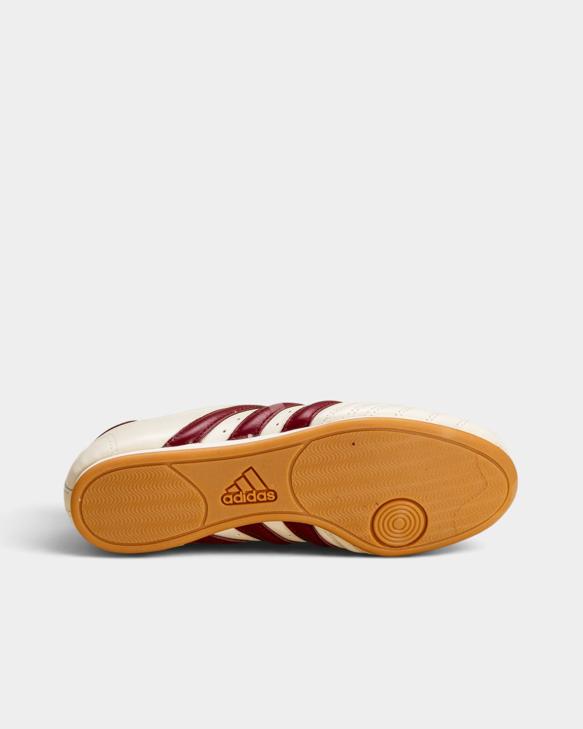 Lockwood Avenue adidas Taekwondo W off white leather sneaker with maroon stripes and gum rubber outsole bottom view