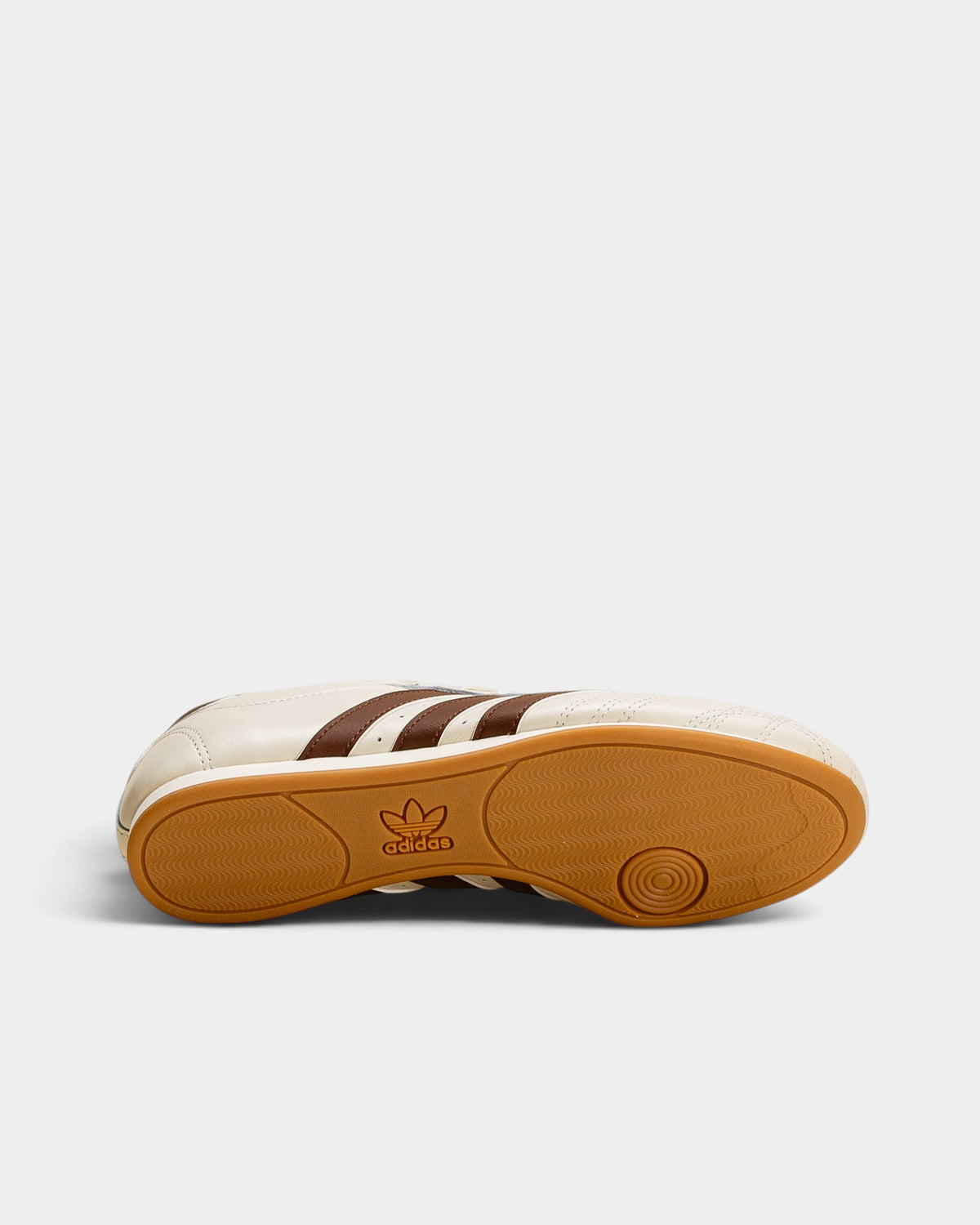 Lockwood Avenue adidas Taekwondo Lace shoes in off-white leather with brown stripes and a gum rubber outsole.