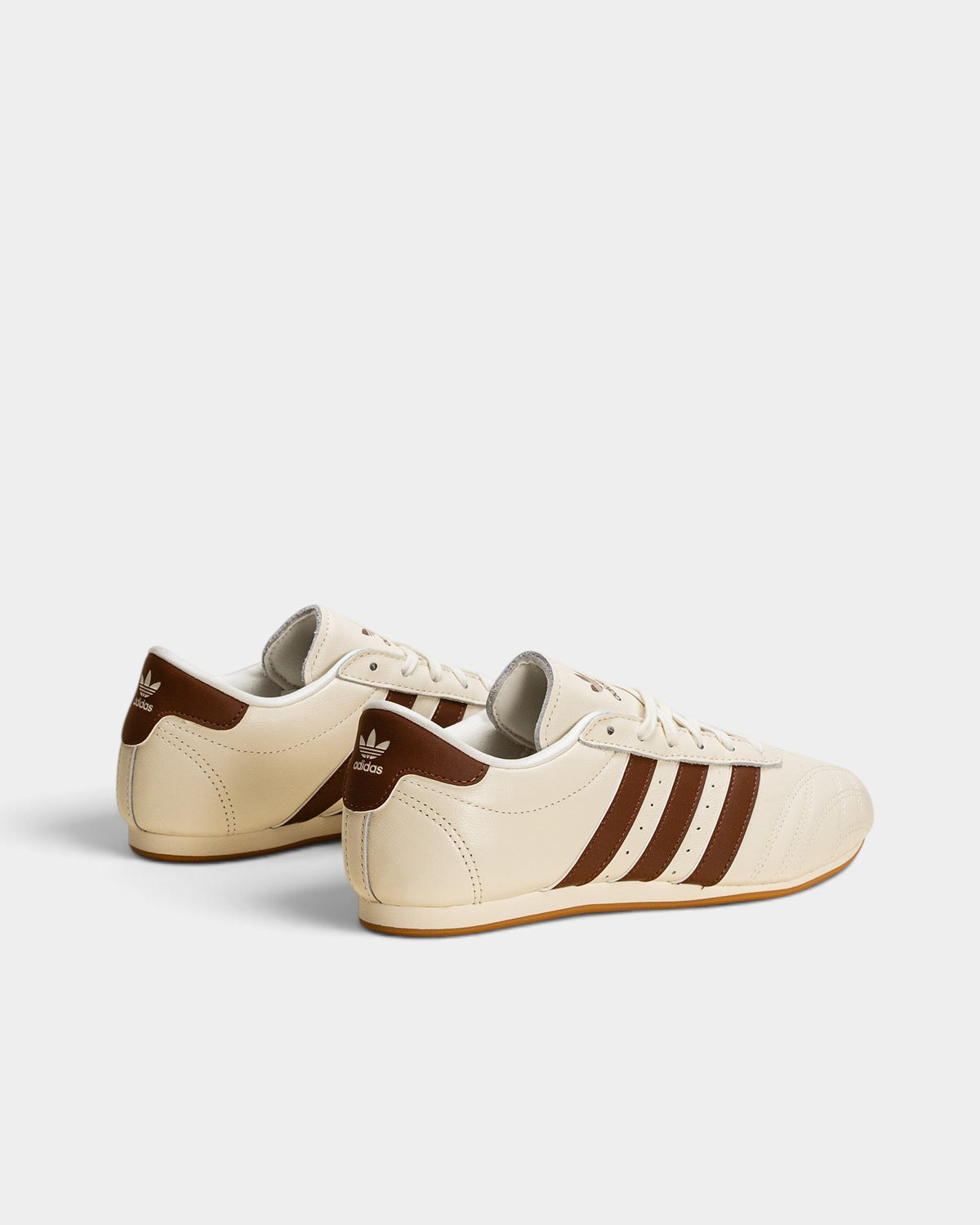 Lockwood Avenue adidas Taekwondo Lace shoes in off white leather with brown stripes and a gum sole, side view.