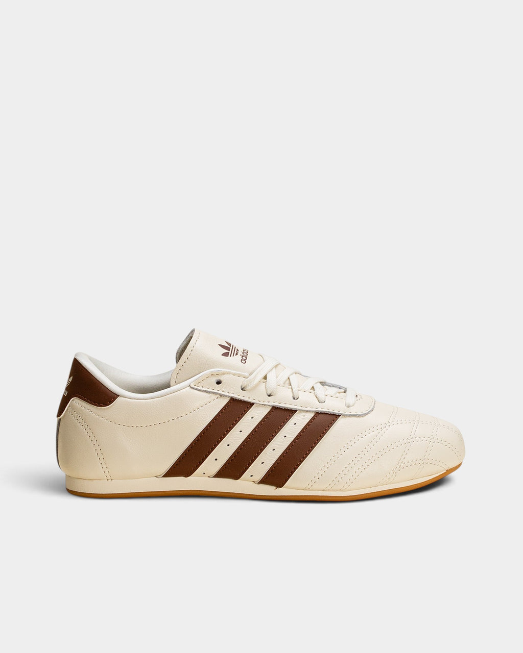 Lockwood Avenue adidas Taekwondo Lace shoes in off-white leather with brown stripes, gum sole, and quilted toe detail.