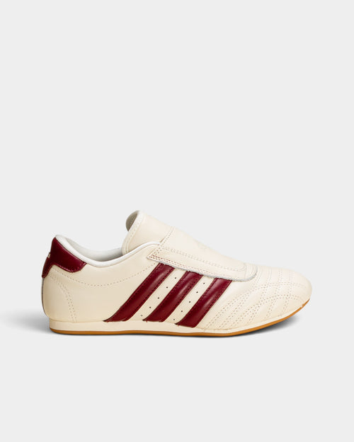 Lockwood Avenue adidas Taekwondo W off-white leather sneakers with maroon stripes and a gum rubber outsole.