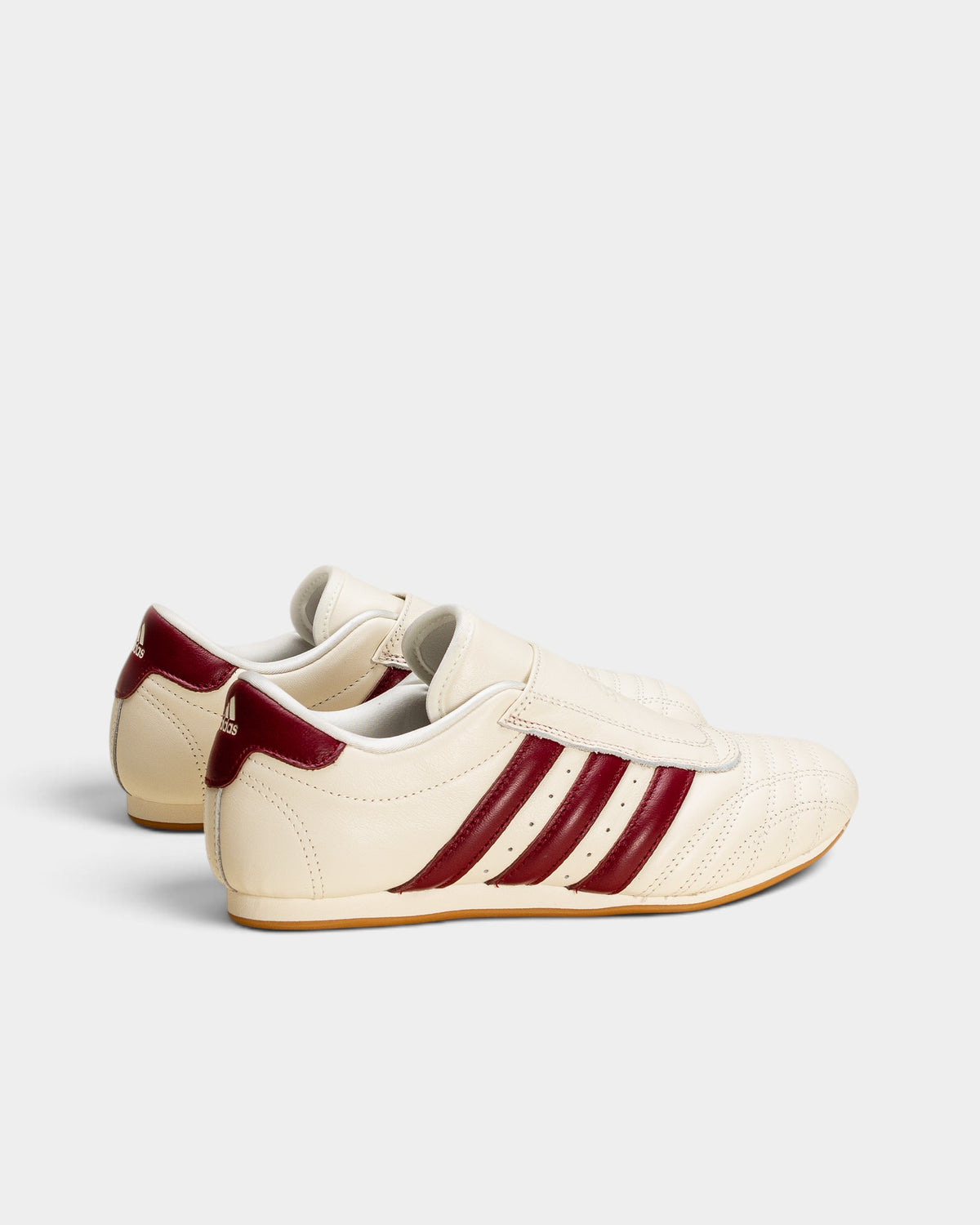 Lockwood Avenue adidas Taekwondo W off-white leather sneakers with maroon stripes and a gum rubber sole.