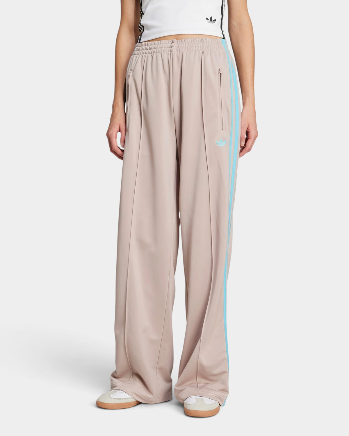 Lockwood Avenue adidas Adicolor Classic Firebird loose track pants in taupe tricot with blue 3-Stripes and Trefoil