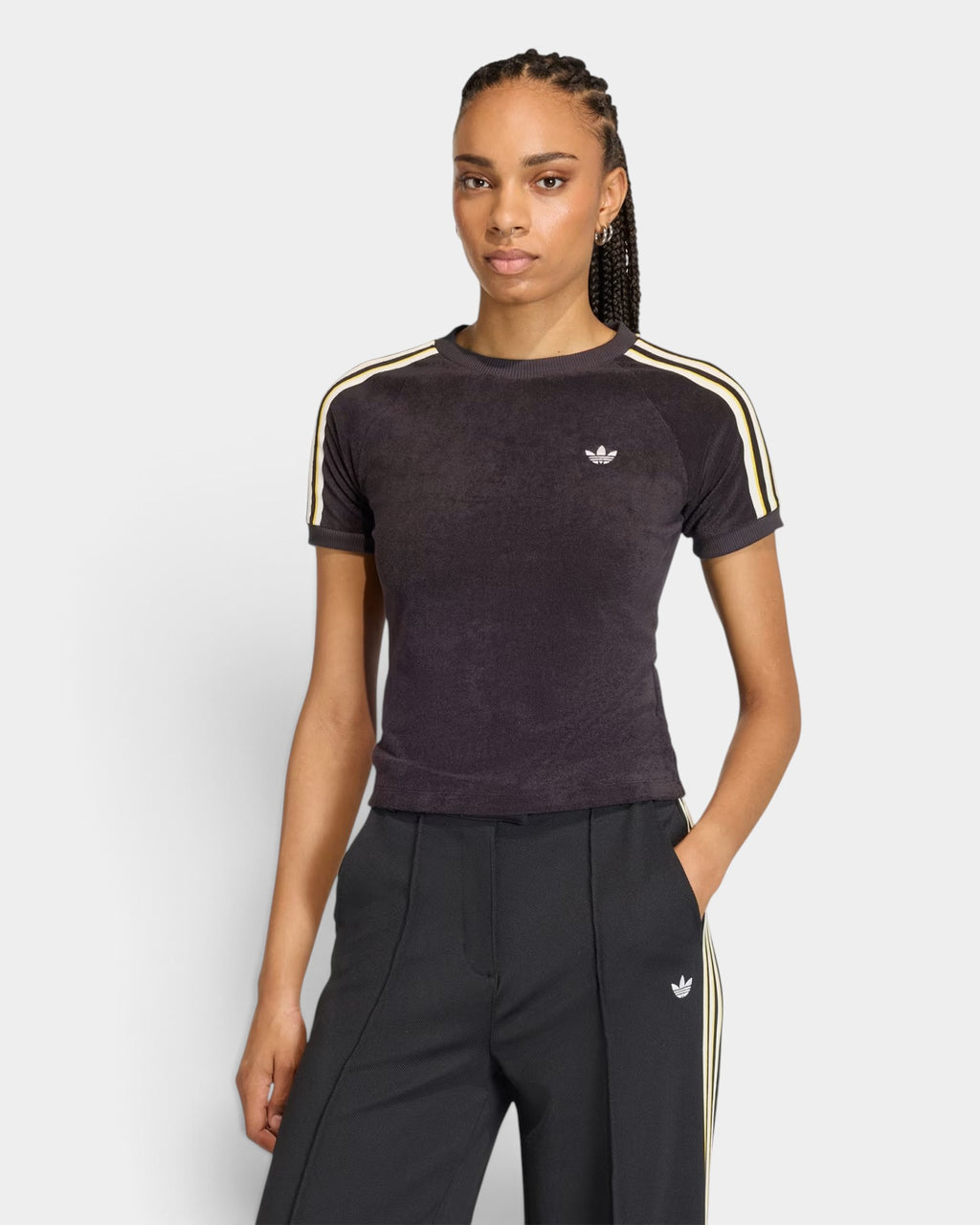 Lockwood Avenue adidas Terry Towel Cali slim fit black t-shirt with yellow and white shoulder stripes and Trefoil logo