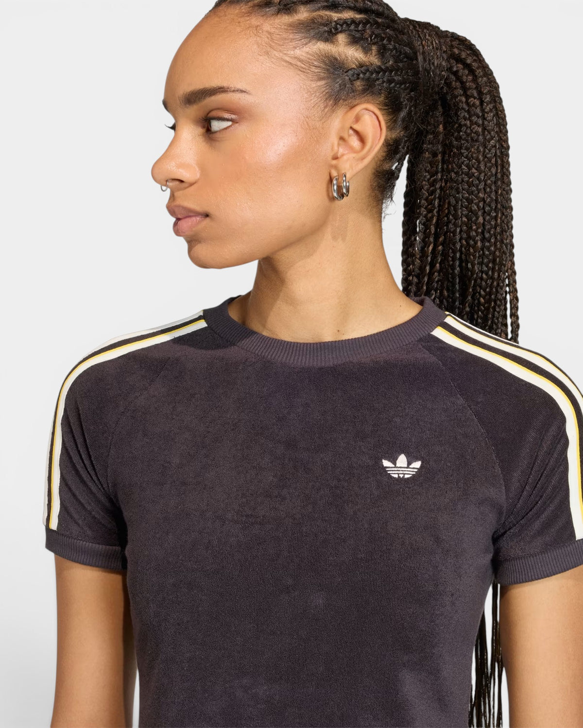 Lockwood Avenue adidas Terry Towel Cali slim fit t-shirt in dark grey with yellow and white shoulder stripes