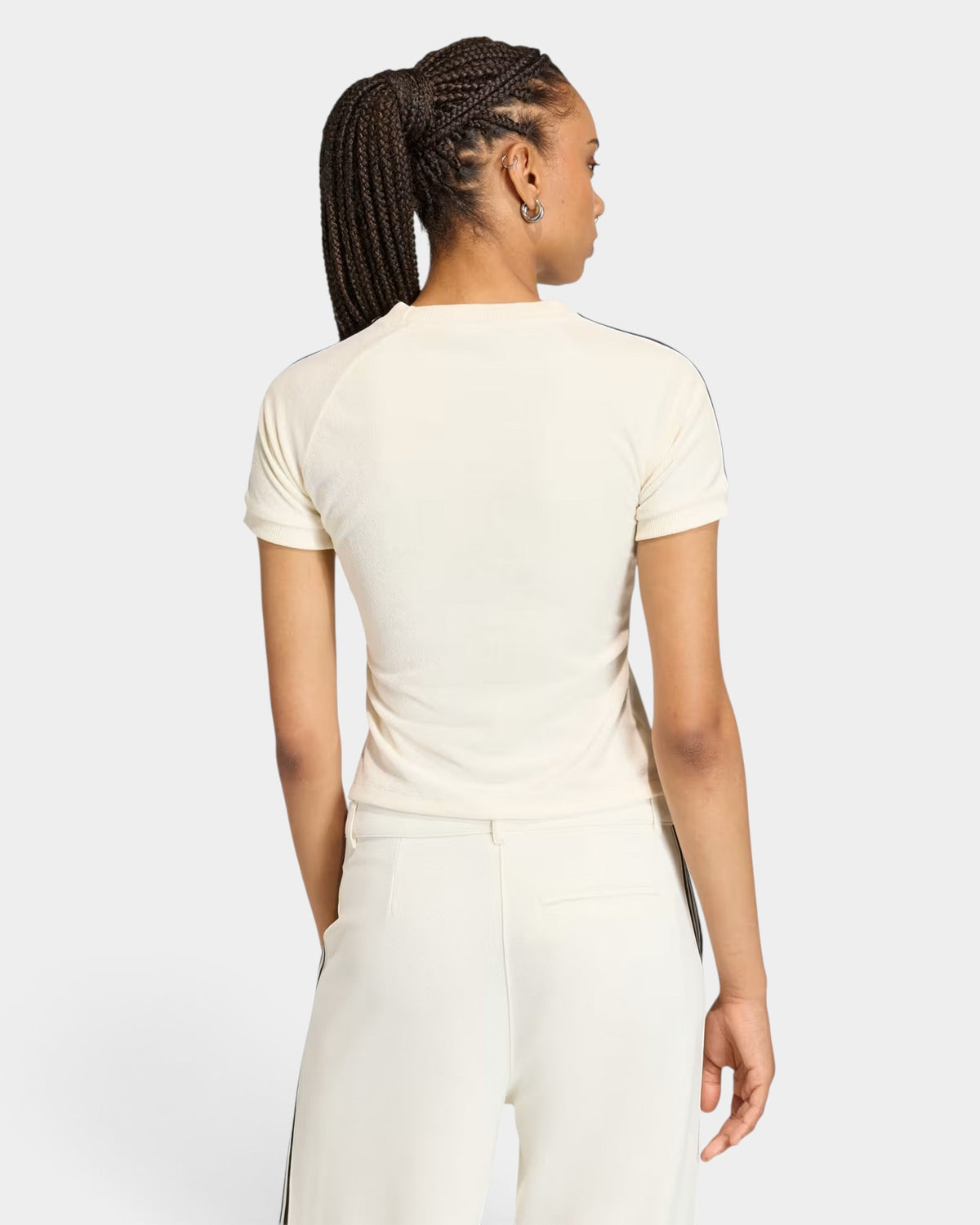 Back view of a model wearing a Lockwood Avenue adidas Terry Towel Cali slim-fit off-white crew neck t-shirt