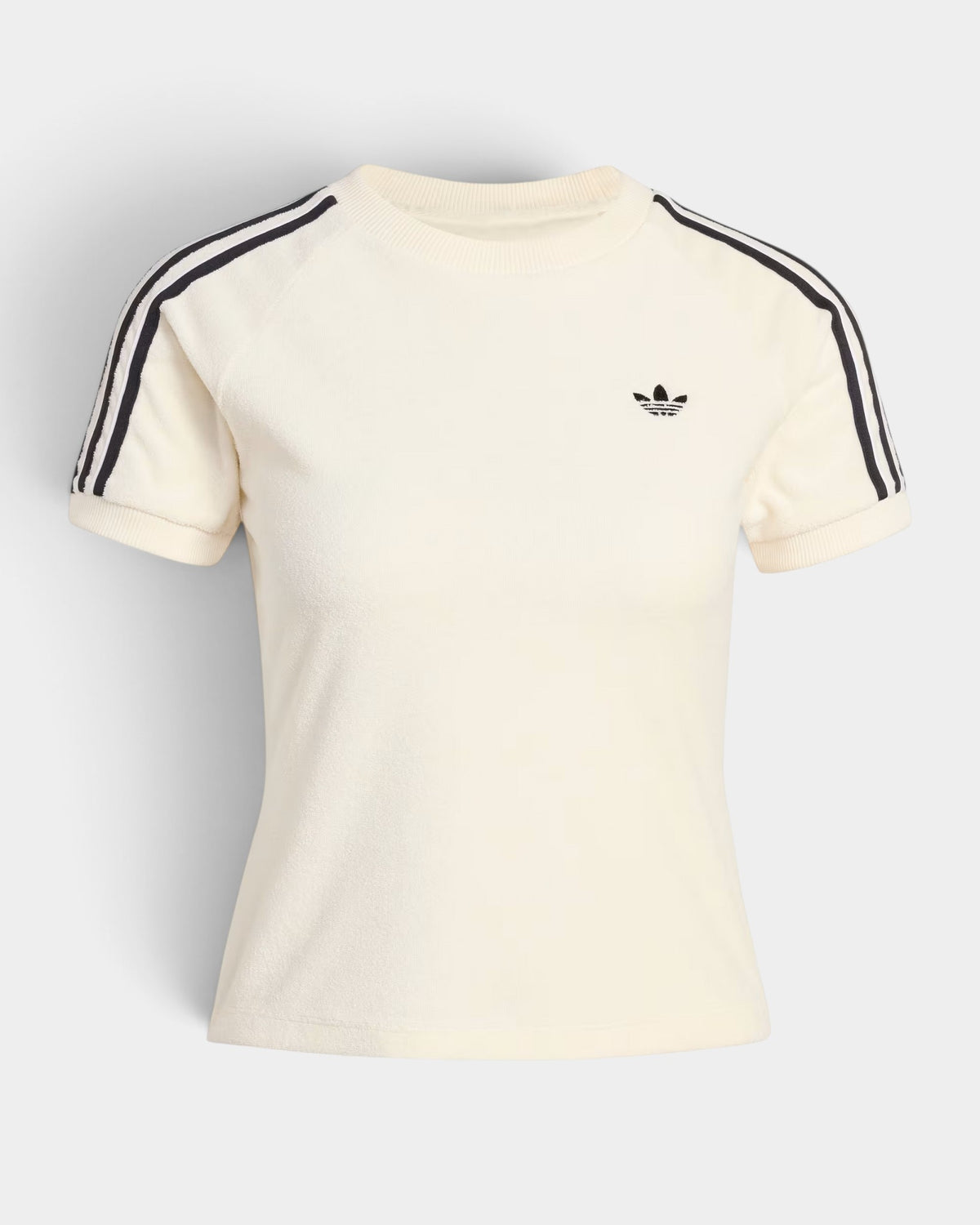 Lockwood Avenue adidas Terry Towel Cali t-shirt in off-white with black three-stripe sleeves and Trefoil logo.