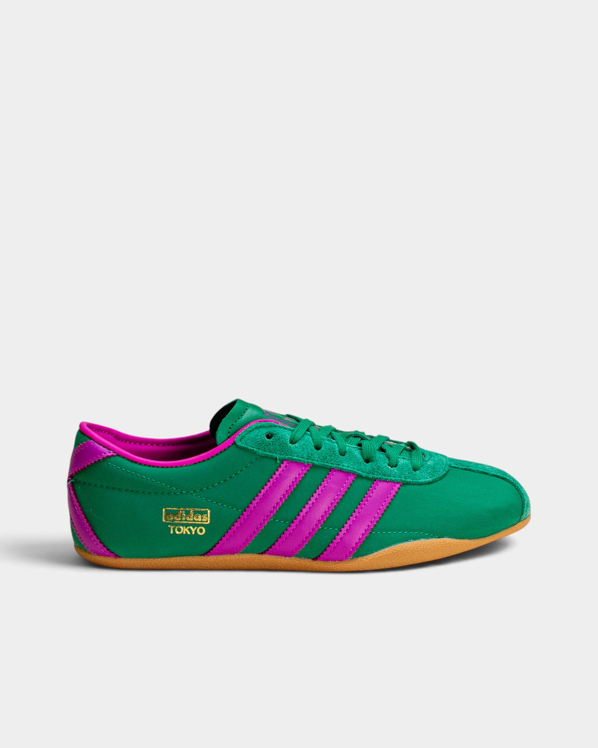 Lockwood Avenue adidas Tokyo W women's sneakers in court green nylon with purple stripes and a gum rubber outsole.