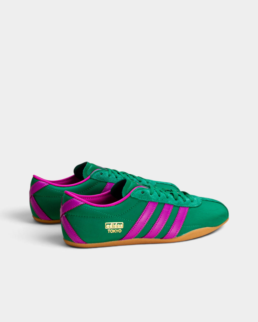 Lockwood Avenue adidas Tokyo women's sneakers in court green nylon with purple stripes and a gum rubber outsole.