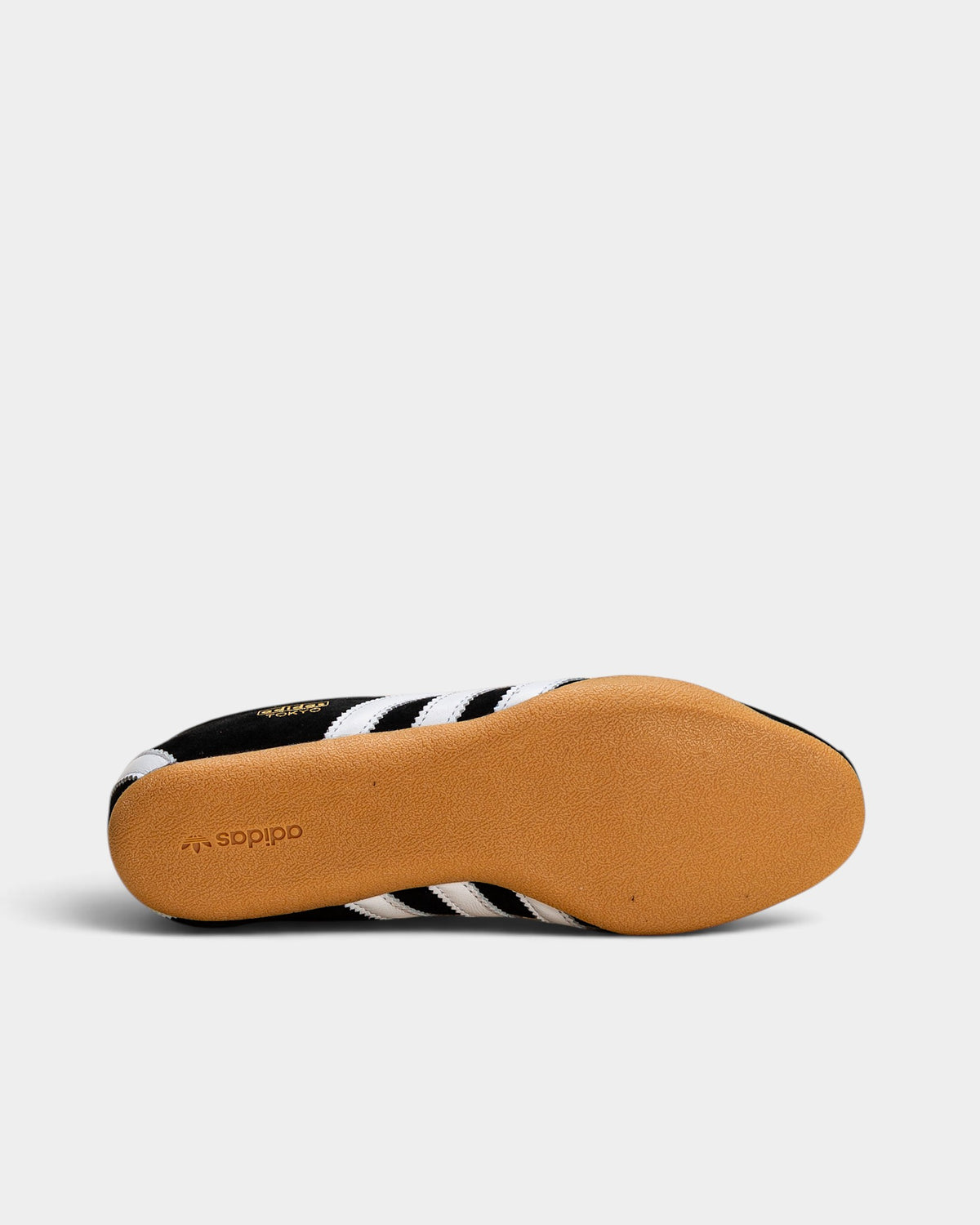 Lockwood Avenue adidas Tokyo W black suede sneaker with white leather stripes and gum rubber outsole, bottom view